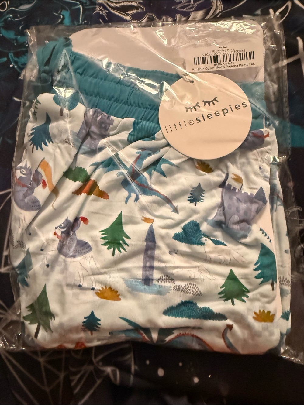 Little Sleepies White Pajama Pants with Teal Waistband and Dragon Forest Print